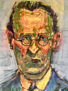 Portrait Of Man In Glasses Via Eye Dropper — painting; applied by eyedropper; in acrylic on canvas; brown and orange tones — detail 2 of 2, close-up of surface texture