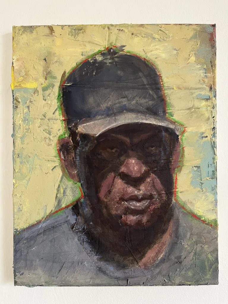 Portrait Of Man In Gray Hat Study Of Earths World — painting; in acrylic on canvas; black, red and yellow tones