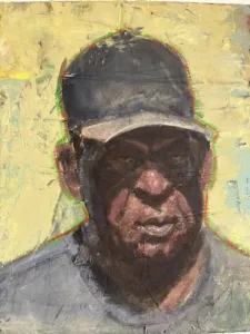 Portrait Of Man In Gray Hat Study Of Earths World — painting; in acrylic on canvas; black, red and yellow tones — detail, close-up of surface texture