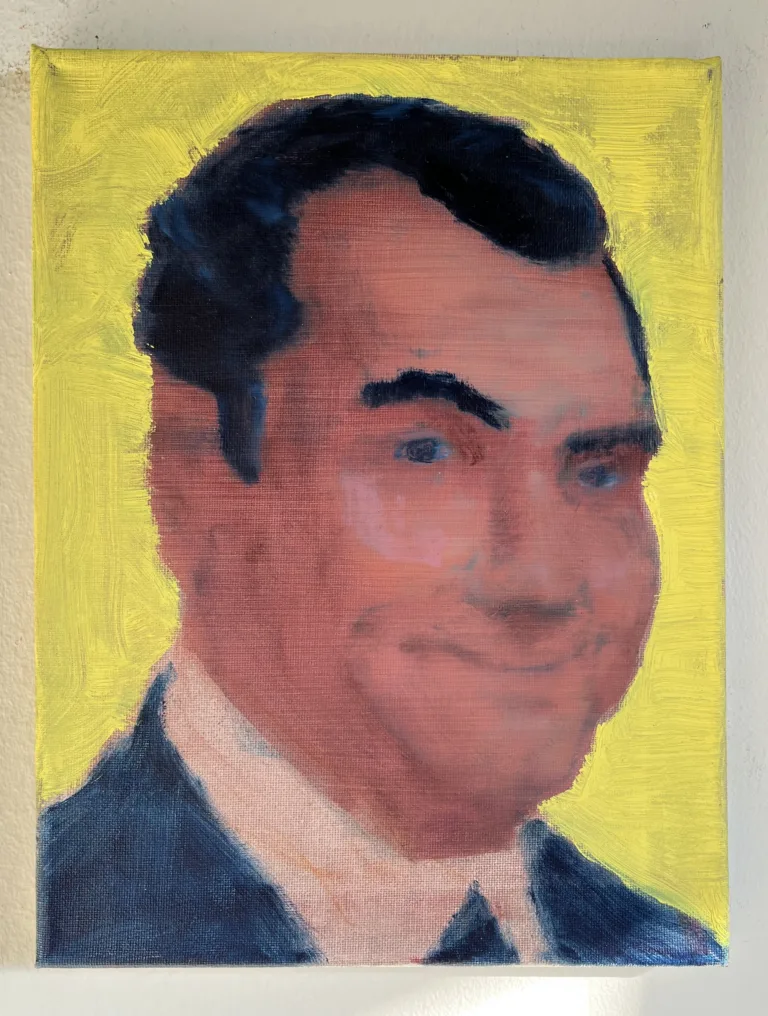 Portrait Of Man In Suit With Yellow Background — painting; in oil on canvas; blue and pink tones