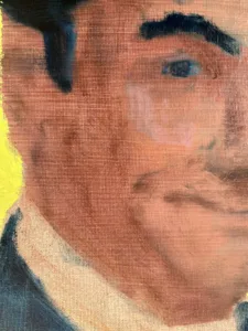 Portrait Of Man In Suit With Yellow Background — painting; in oil on canvas; blue and pink tones — detail 1 of 2, close-up of surface texture