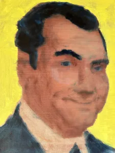 Portrait Of Man In Suit With Yellow Background — painting; in oil on canvas; blue and pink tones — detail 2 of 2, close-up of surface texture