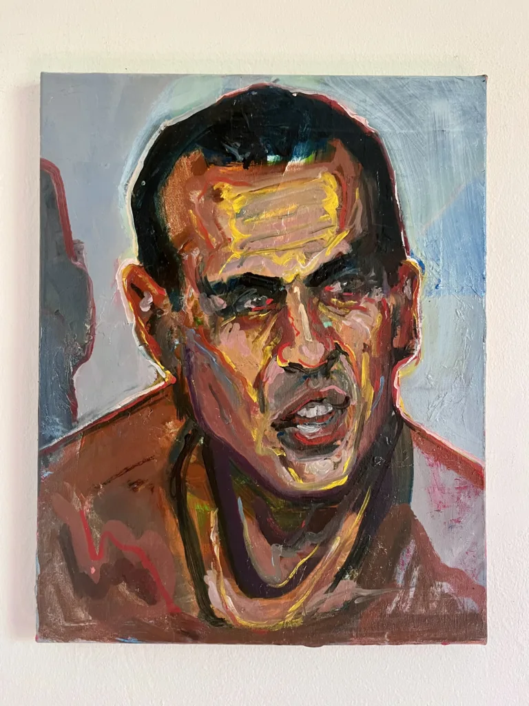 Portrait Of Man With Bloodshot Eyes — painting; in oil on canvas; brown, gray, orange and red tones