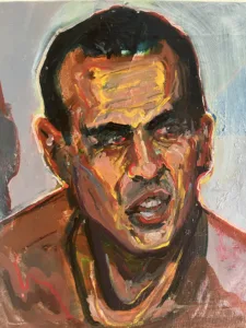 Portrait Of Man With Bloodshot Eyes — painting; in oil on canvas; brown, gray, orange and red tones — detail, close-up of surface texture