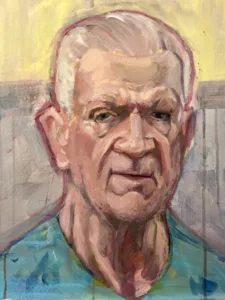 Portrait Of Old Man Earths World Study — painting; in acrylic on canvas; yellow, blue and pink tones — detail 1 of 2, close-up of surface texture