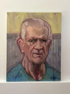 Portrait Of Old Man Earths World Study — painting; in acrylic on canvas; yellow, blue and pink tones — detail 2 of 2, close-up of surface texture