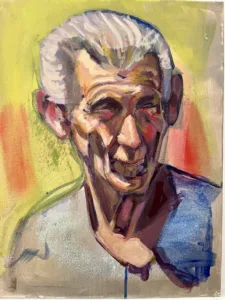Portrait Of Old Man Squinting Earths World Study — painting; in acrylic on canvas; yellow, red and gray tones — detail, close-up of surface texture