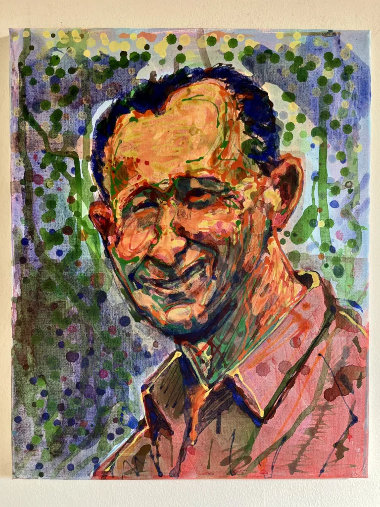 Portrait Of Smiling Man In Red Shirt Via Eyedropper — painting; in acrylic on canvas; orange and purple tones