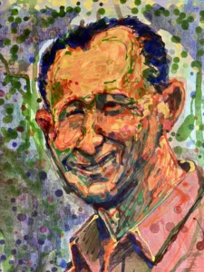 Portrait Of Smiling Man In Red Shirt Via Eyedropper — painting; in acrylic on canvas; orange and purple tones — detail 1 of 2, close-up of surface texture