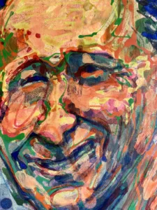 Portrait Of Smiling Man In Red Shirt Via Eyedropper — painting; in acrylic on canvas; orange and purple tones — detail 2 of 2, close-up of surface texture