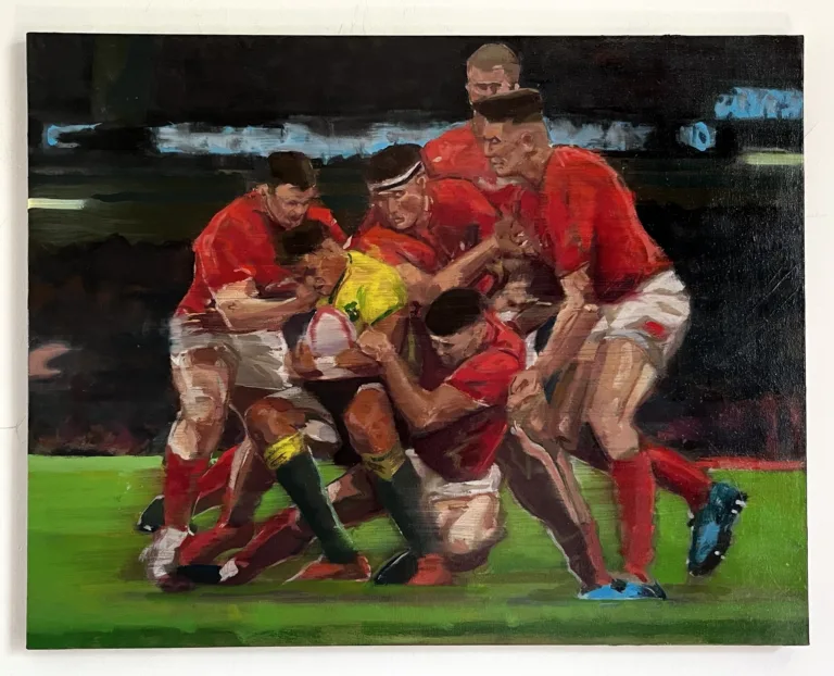 Rugby Tackle — painting; of a group of figures; in oil on canvas; black, green, orange and red tones