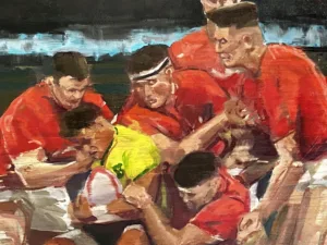 Rugby Tackle — painting; of a group of figures; in oil on canvas; black, green, orange and red tones — detail, close-up of surface texture