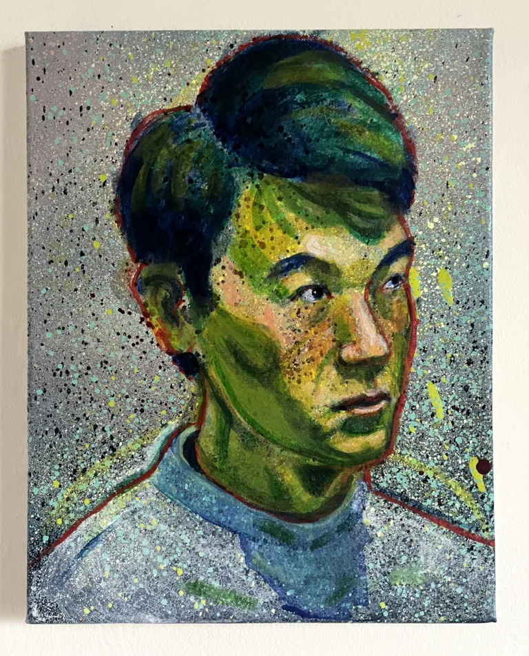 Semi Pointilist Portrait Of Asian Man — painting; worked in dense pointillist dabs; in acrylic on canvas