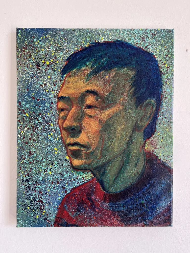 Semi Pointilist Portrait Of Asian Man In Red Sweater — painting; worked in dense pointillist dabs; in acrylic on canvas