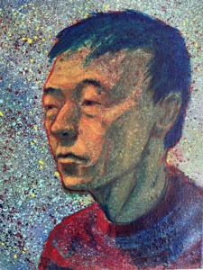 Semi Pointilist Portrait Of Asian Man In Red Sweater — painting; worked in dense pointillist dabs; in acrylic on canvas — detail, close-up of surface texture