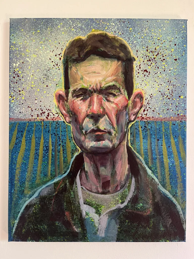 Semi Pointilist Portrait Of Man In Field — painting; worked in dense pointillist dabs; in acrylic on canvas