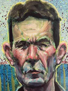 Semi Pointilist Portrait Of Man In Field — painting; worked in dense pointillist dabs; in acrylic on canvas — detail 1 of 3, close-up of surface texture