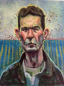 Semi Pointilist Portrait Of Man In Field — painting; worked in dense pointillist dabs; in acrylic on canvas — detail 2 of 3, close-up of surface texture
