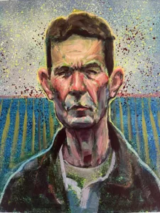Semi Pointilist Portrait Of Man In Field — painting; worked in dense pointillist dabs; in acrylic on canvas — detail 3 of 3, close-up of surface texture