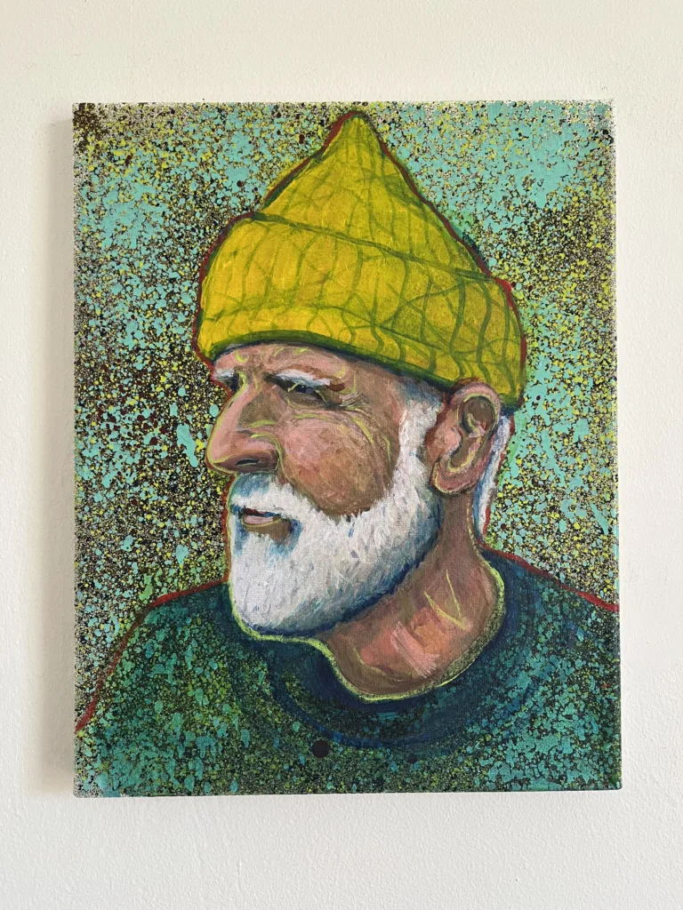 Semi Pointilist Portrait Of Man In Yellow Sailor Cap — painting; worked in dense pointillist dabs; in acrylic on canvas