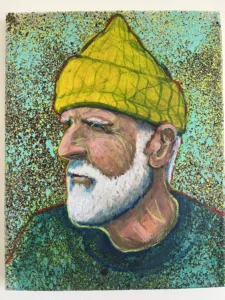 Semi Pointilist Portrait Of Man In Yellow Sailor Cap — painting; worked in dense pointillist dabs; in acrylic on canvas — detail 1 of 2, close-up of surface texture