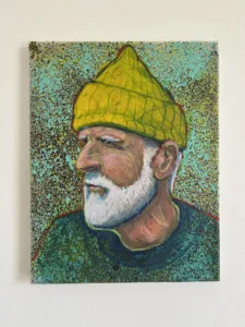 Semi Pointilist Portrait Of Man In Yellow Sailor Cap — painting; worked in dense pointillist dabs; in acrylic on canvas — detail 2 of 2, close-up of surface texture
