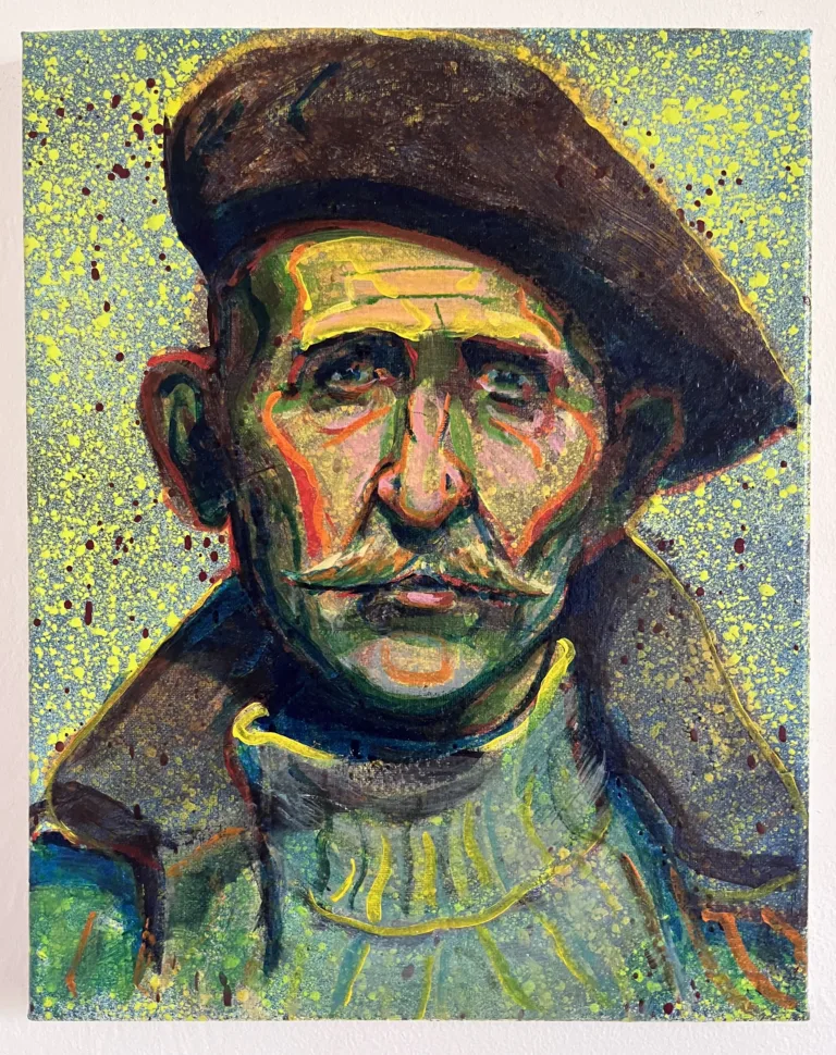 Semi Pointilist Portrait Of Mustached Man In Beret — painting; worked in dense pointillist dabs; in acrylic on canvas