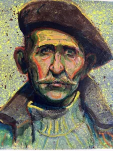 Semi Pointilist Portrait Of Mustached Man In Beret — painting; worked in dense pointillist dabs; in acrylic on canvas — detail, close-up of surface texture