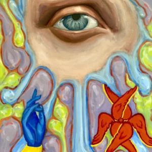 Seraphic Vision — painting; in oil on canvas; green and purple tones — detail 1 of 2, close-up of surface texture