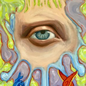 Seraphic Vision — painting; in oil on canvas; green and purple tones — detail 2 of 2, close-up of surface texture