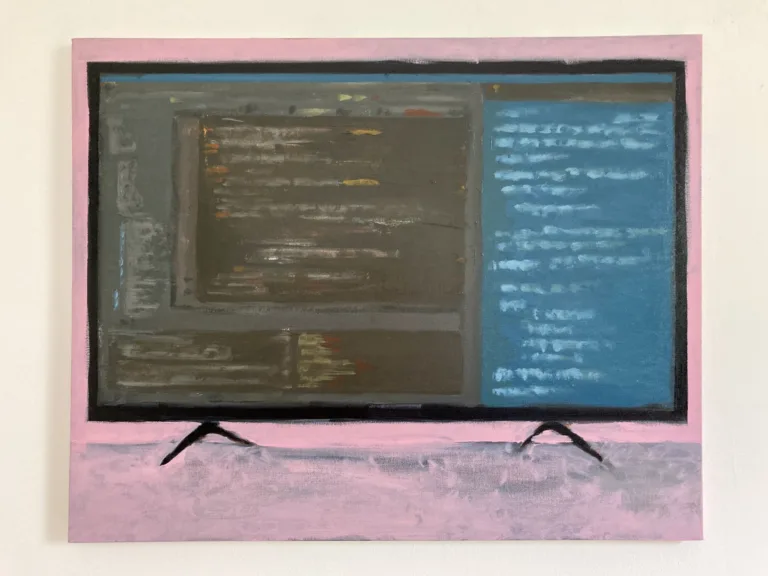 Static Code Analysis — painting; in oil on canvas; blue, brown, gray, pink and yellow tones