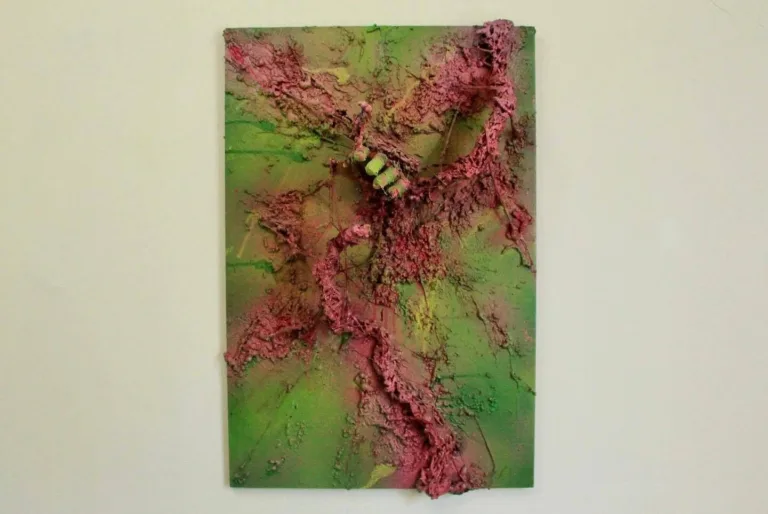 Space Swamp — painted relief; of a landscape; built up in heavy, tactile impasto; in spray paint; green and pink tones