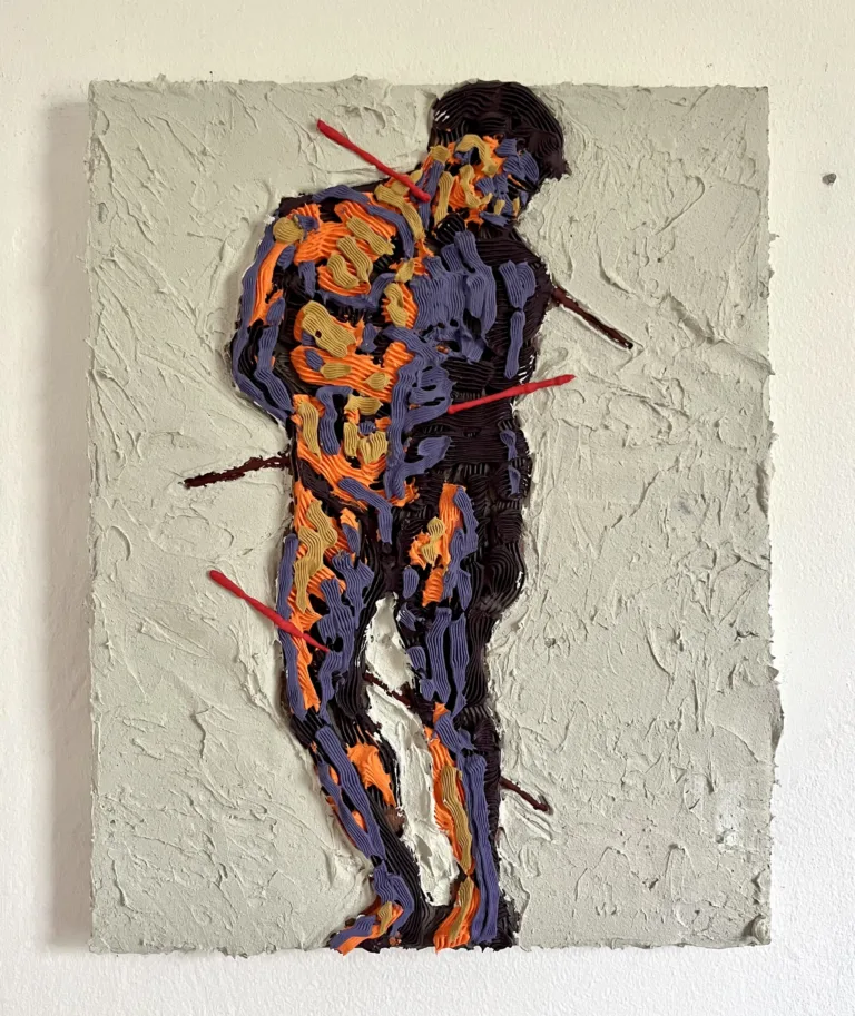 St Sebastian Tactile Squeeze — painting; of a portrait; in acrylic on canvas; orange, purple and white tones