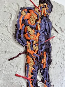 St Sebastian Tactile Squeeze — painting; of a portrait; in acrylic on canvas; orange, purple and white tones — detail 1 of 4, close-up of surface texture