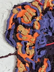 St Sebastian Tactile Squeeze — painting; of a portrait; in acrylic on canvas; orange, purple and white tones — detail 2 of 4, close-up of surface texture