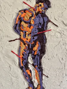 St Sebastian Tactile Squeeze — painting; of a portrait; in acrylic on canvas; orange, purple and white tones — detail 3 of 4, close-up of surface texture