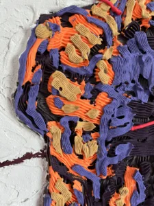 St Sebastian Tactile Squeeze — painting; of a portrait; in acrylic on canvas; orange, purple and white tones — detail 4 of 4, close-up of surface texture