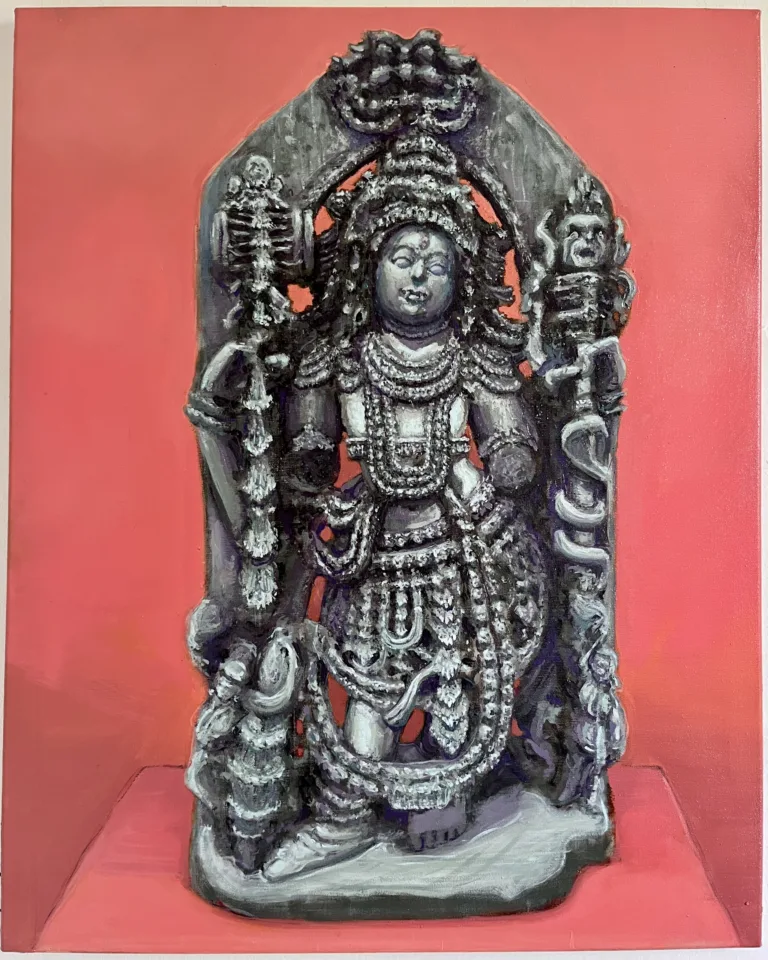 Study Of A Guardian Of Shiva Sculpture — painting; of a portrait; in oil on canvas; orange, pink and white tones