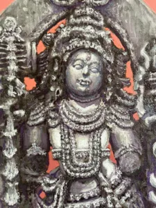 Study Of A Guardian Of Shiva Sculpture — painting; of a portrait; in oil on canvas; orange, pink and white tones — detail, close-up of surface texture