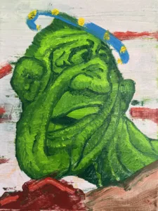 Study Of Basil Wolverton Boxer Portrait — painting; in oil on canvas; gray and green tones — detail, close-up of surface texture