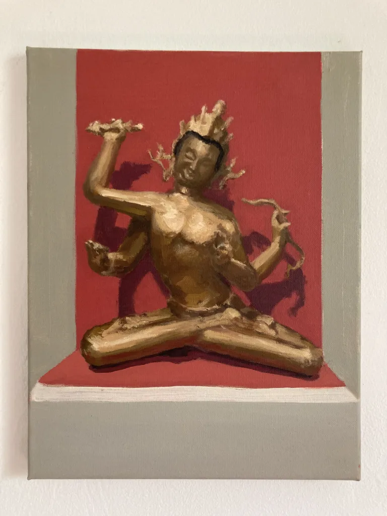 Study Of Bodhisattva Of Wisdom Sculpture — painting; of a single figure; in oil on canvas; brown, orange and red tones