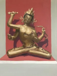 Study Of Bodhisattva Of Wisdom Sculpture — painting; of a single figure; in oil on canvas; brown, orange and red tones — detail 1 of 5, close-up of surface texture