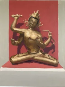 Study Of Bodhisattva Of Wisdom Sculpture — painting; of a single figure; in oil on canvas; brown, orange and red tones — detail 2 of 5, close-up of surface texture