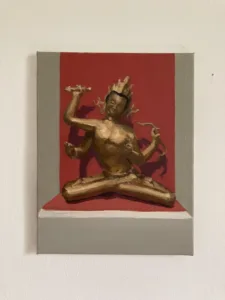 Study Of Bodhisattva Of Wisdom Sculpture — painting; of a single figure; in oil on canvas; brown, orange and red tones — detail 3 of 5, close-up of surface texture