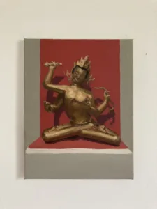 Study Of Bodhisattva Of Wisdom Sculpture — painting; of a single figure; in oil on canvas; brown, orange and red tones — detail 4 of 5, close-up of surface texture