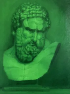 Study Of Hercules Bust In Green — painting; of a portrait; in oil on canvas — detail, close-up of surface texture