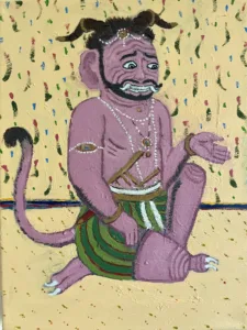 Study Of Indian Pahari Demon — painting; of a single figure; in oil on canvas; yellow and purple tones — detail, close-up of surface texture