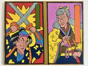 Study Of Japanese Samurai Trading Cards — painting; of a single figure; in oil on canvas; red, orange, yellow and pink tones — detail, close-up of surface texture