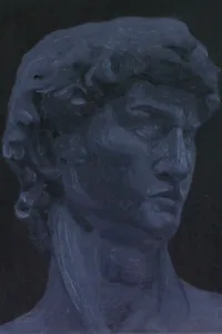 Study Of Michelangelos David In Grayscale — painting; of a portrait; in oil on canvas; black and monochrome tones — detail, close-up of surface texture