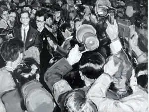 Study Of Photo Of Marlon Brando With Paparazzi In Black And White — painting; of a single figure; in oil on canvas — detail 1 of 2, close-up of surface texture